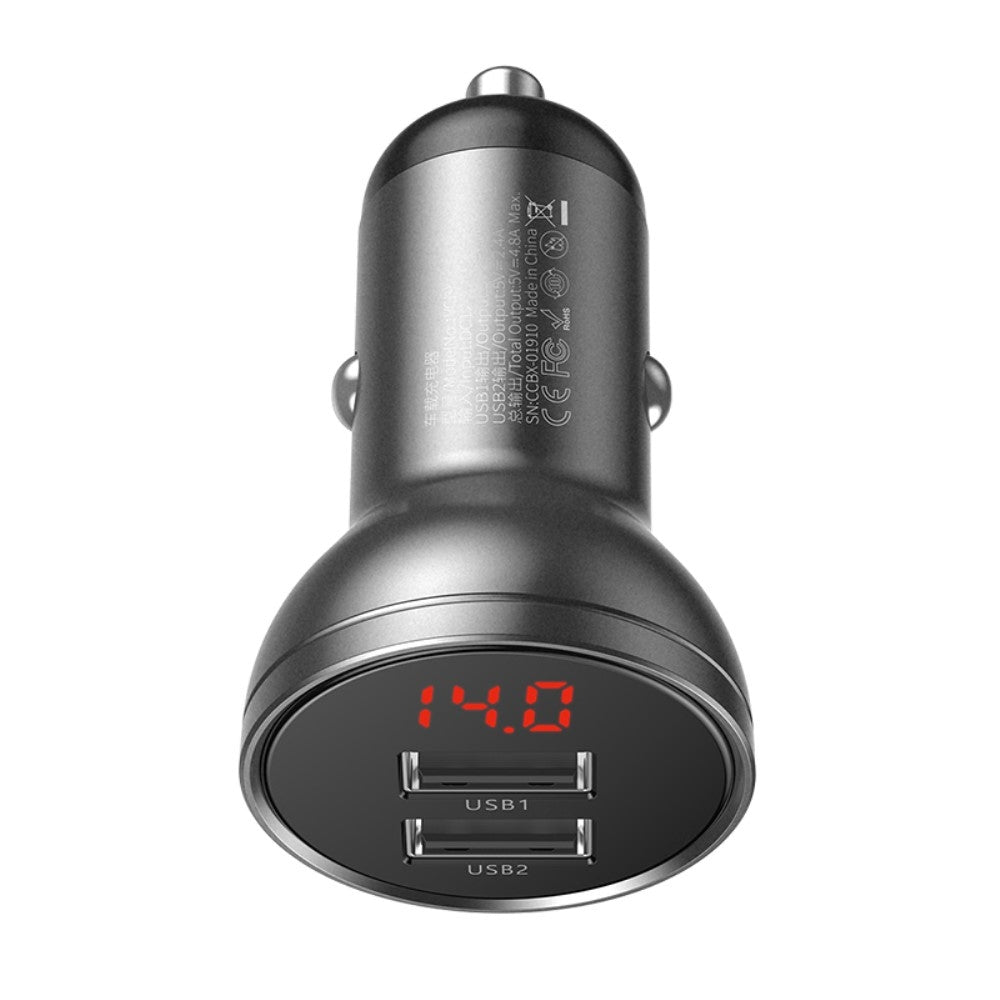 Baseus Car Charger with Display, 24W Dual USB - Grey