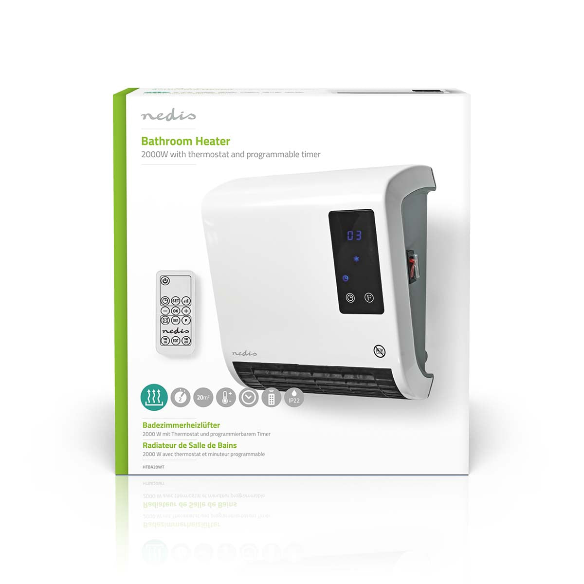 Bathroom Heater, 2000W, Adjustable Thermostat, Remote Control