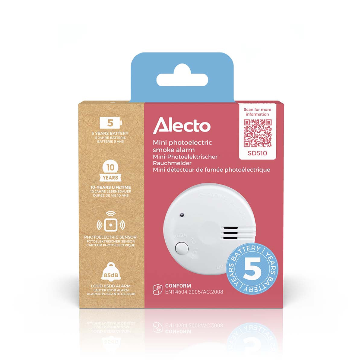 Battery-Powered Smoke Alarm, 5-Year Life, 85 dB, White