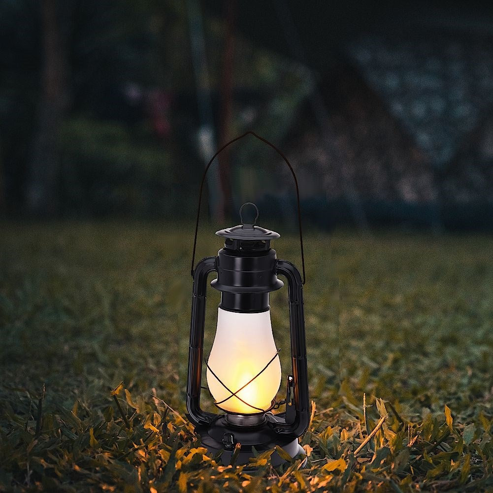 Battery-powered lantern with moving flame for home and garden