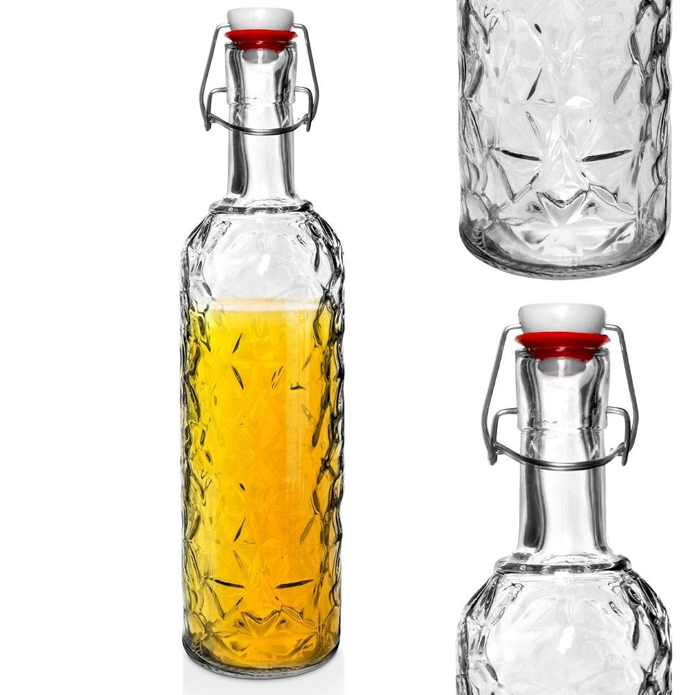 Beautiful glass bottle with cork and clamp for drinks