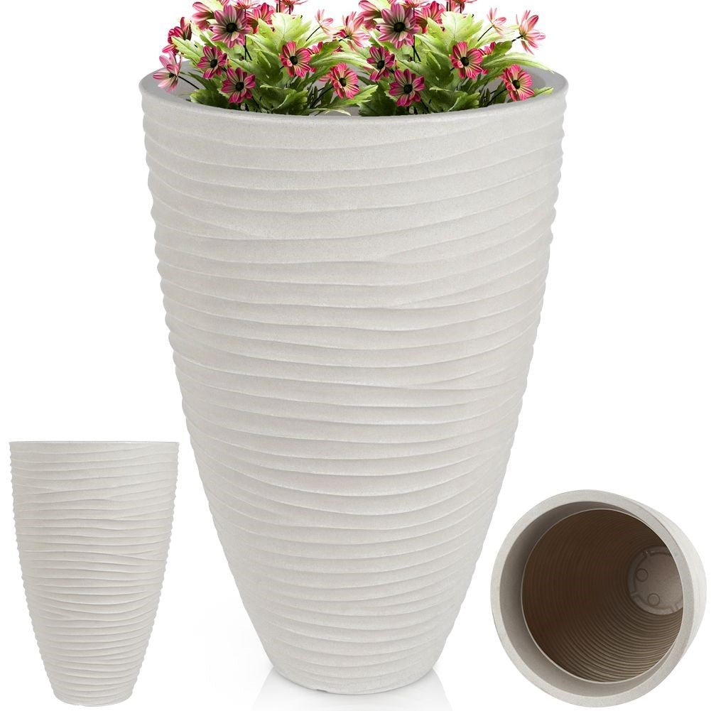 Beige plastic pot with stone imitation - weatherproof and stylish