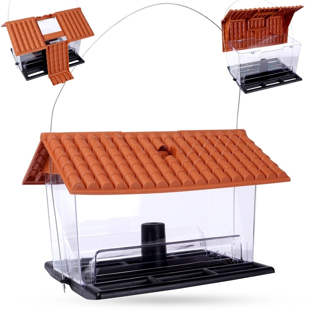 Bird feeder for seeds and feed with perches and lid