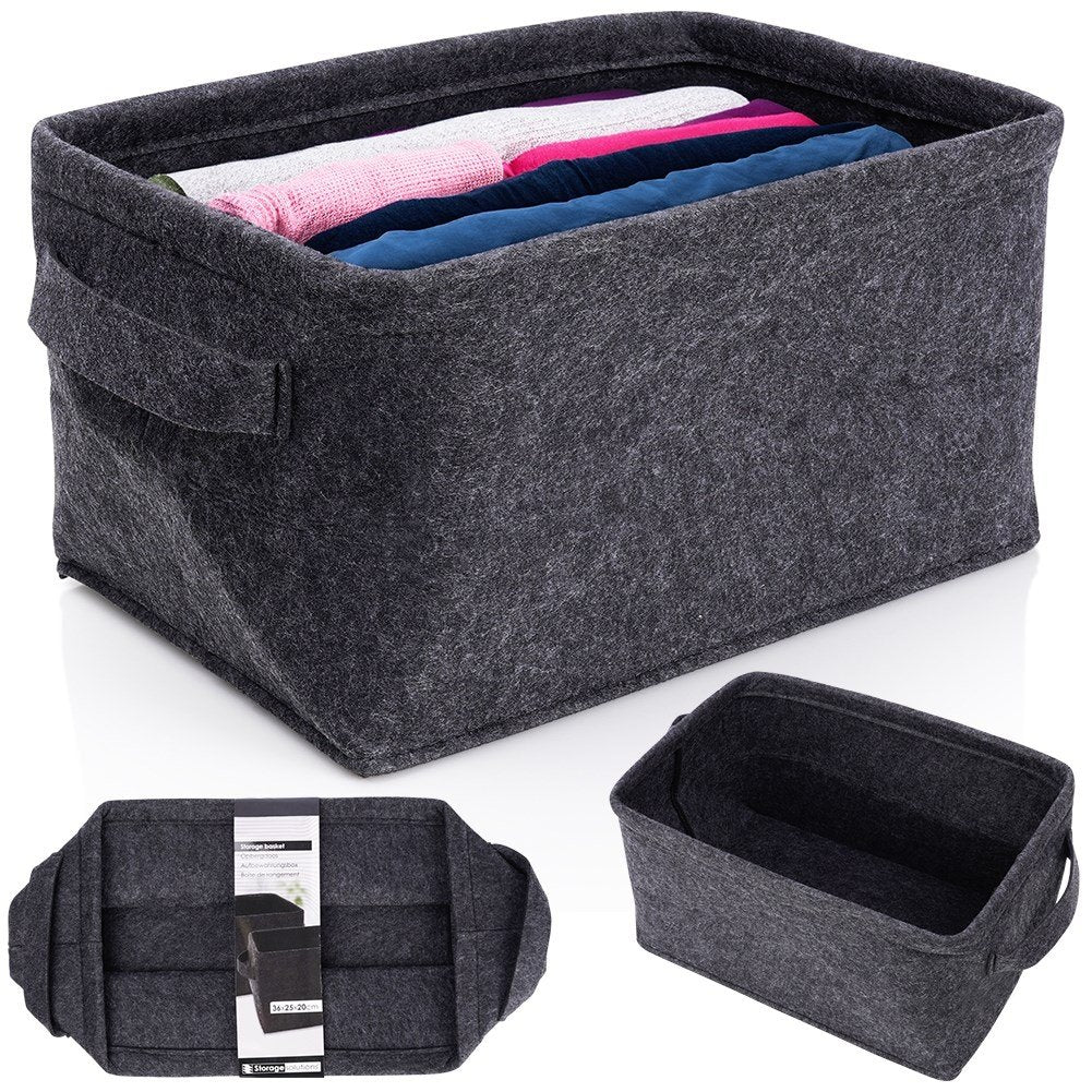 Black Felt Storage Basket with Handle and Collapsible Design