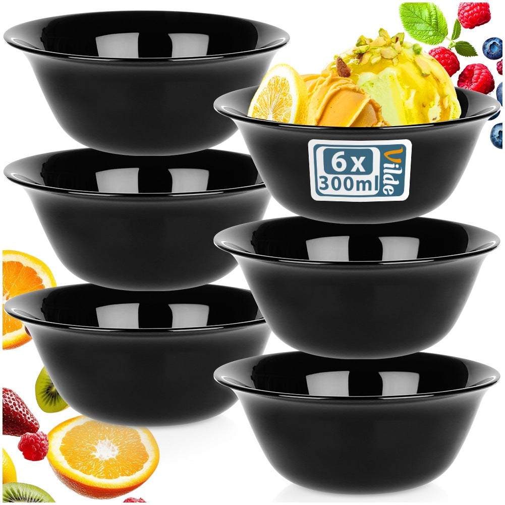 Black Glass Bowls, 300 ml, Set of 6