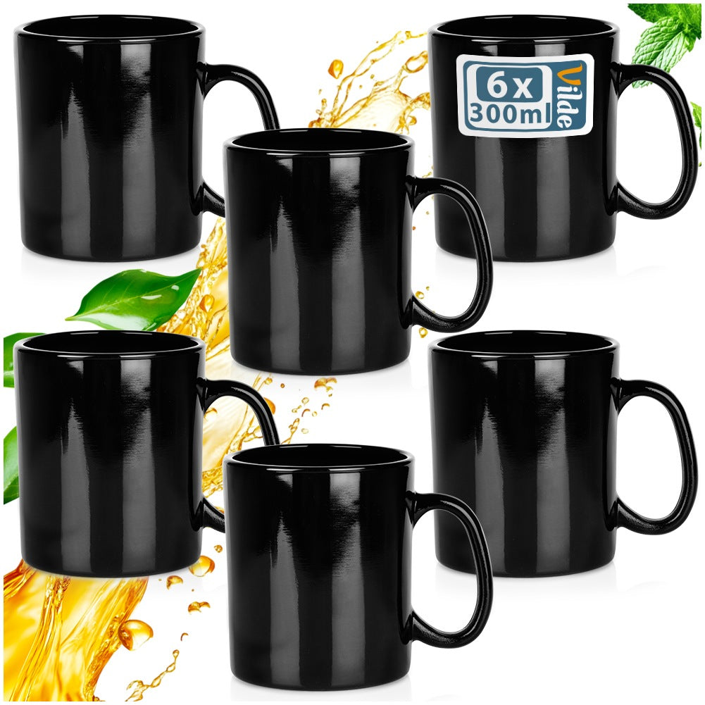 Black Glass Mugs, 300 ml, Set of 6