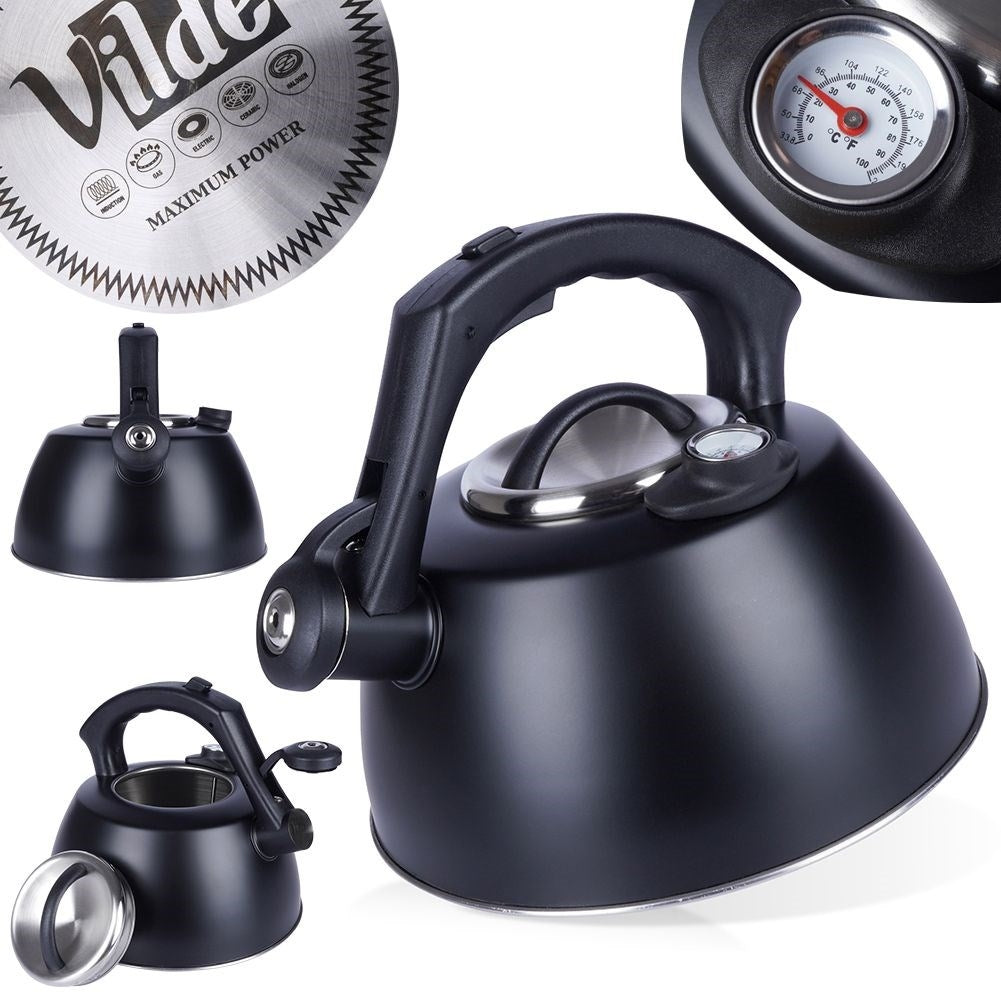 Black Kettle with Automatic Whistle and Thermometer