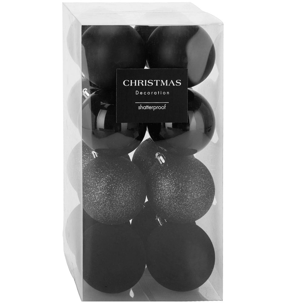 Black Shatterproof Christmas Baubles, 8 cm, Set of 16