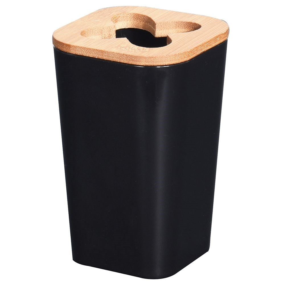 Black Toothbrush Mug with Bamboo Details for Organization