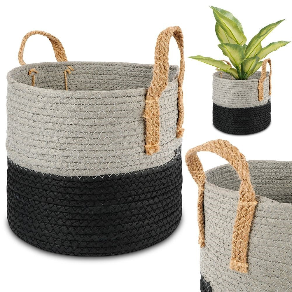 Black and gray waste bin with handle for storage