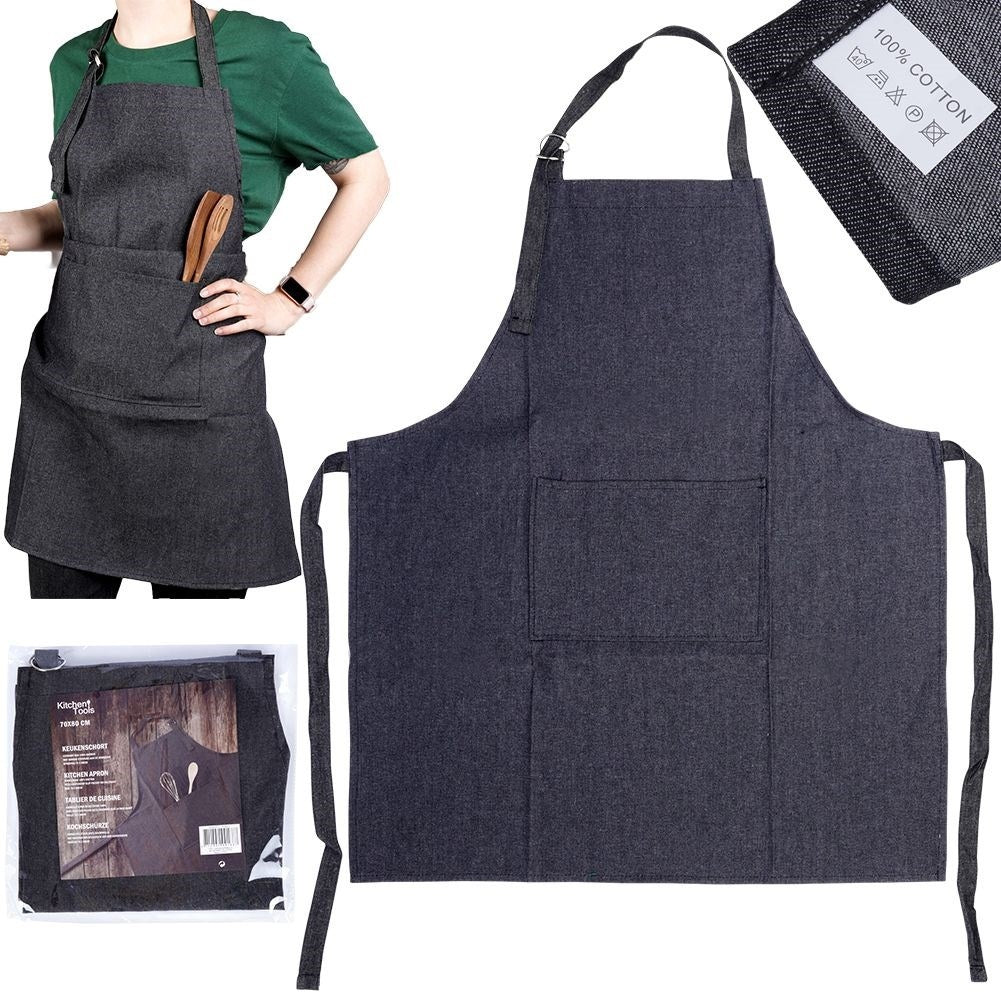 Black cotton denim apron for cooking and grilling
