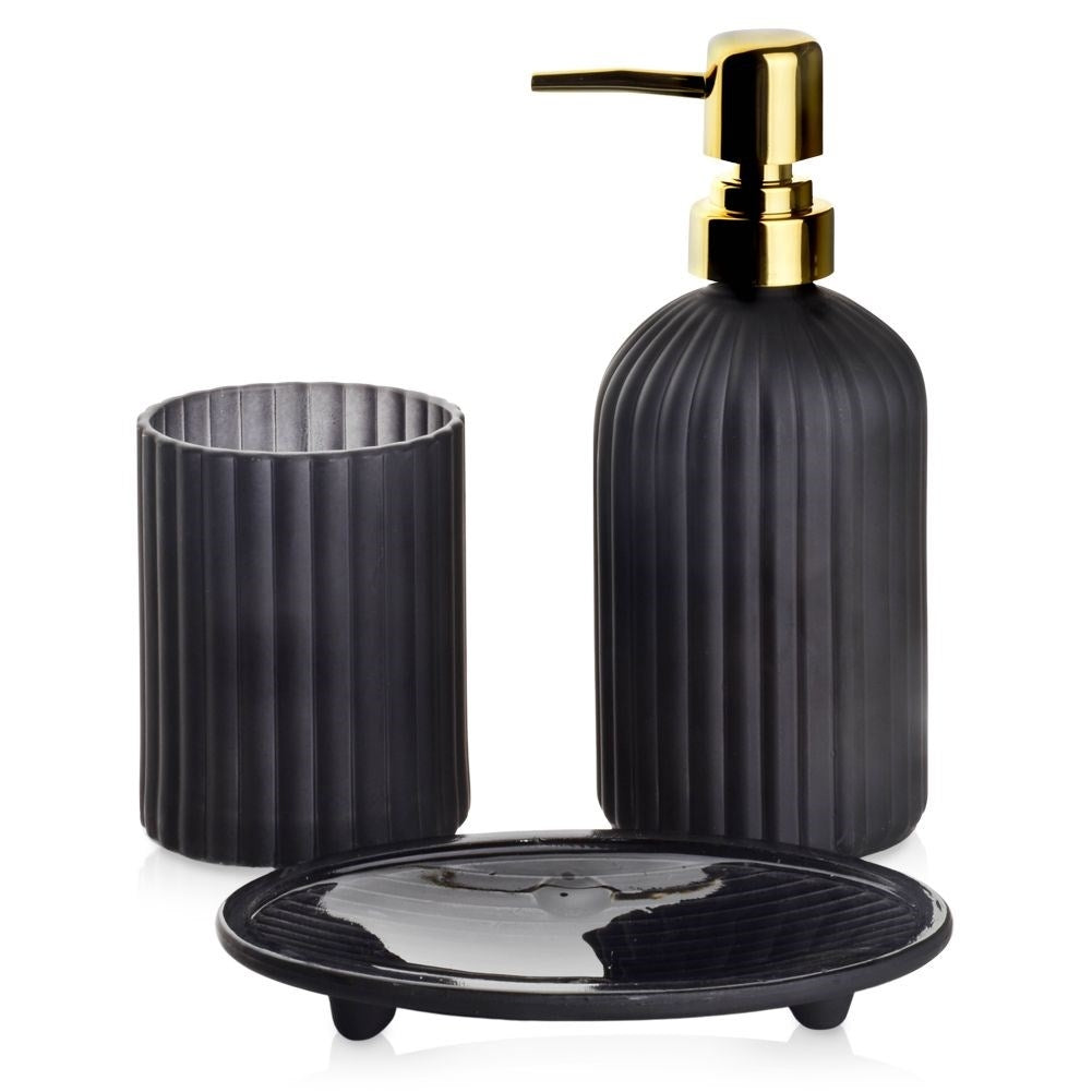 Black glass bath set: soap container, soap dish and toothbrush cup