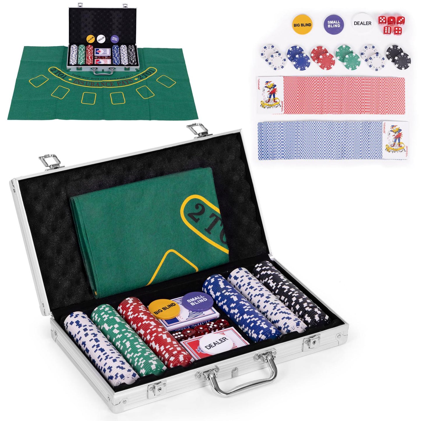 Blackjack Poker Set 300 Chips 2 Decks of Cards Dice Playing Mat Lockable Carrying Case