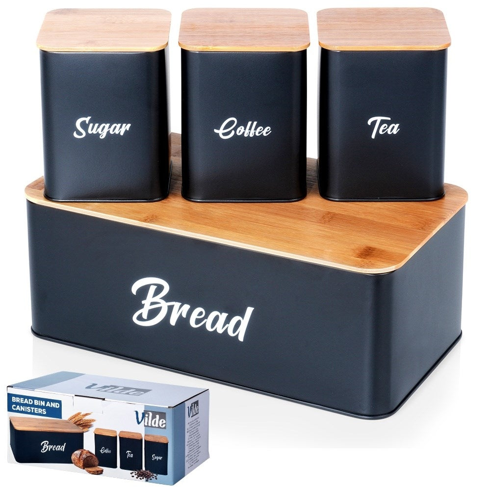 Black kitchen container set with bamboo lid and bread box