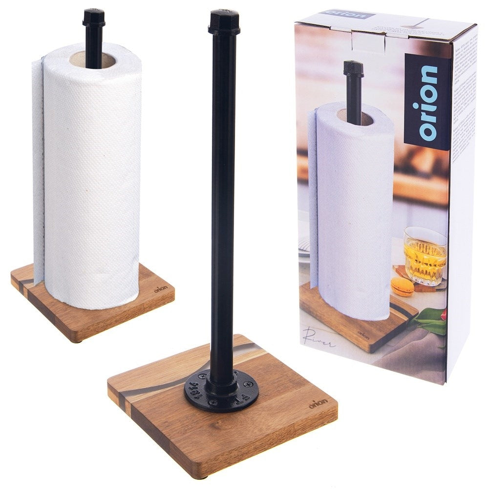 Black metal & acacia wood kitchen paper towel rack