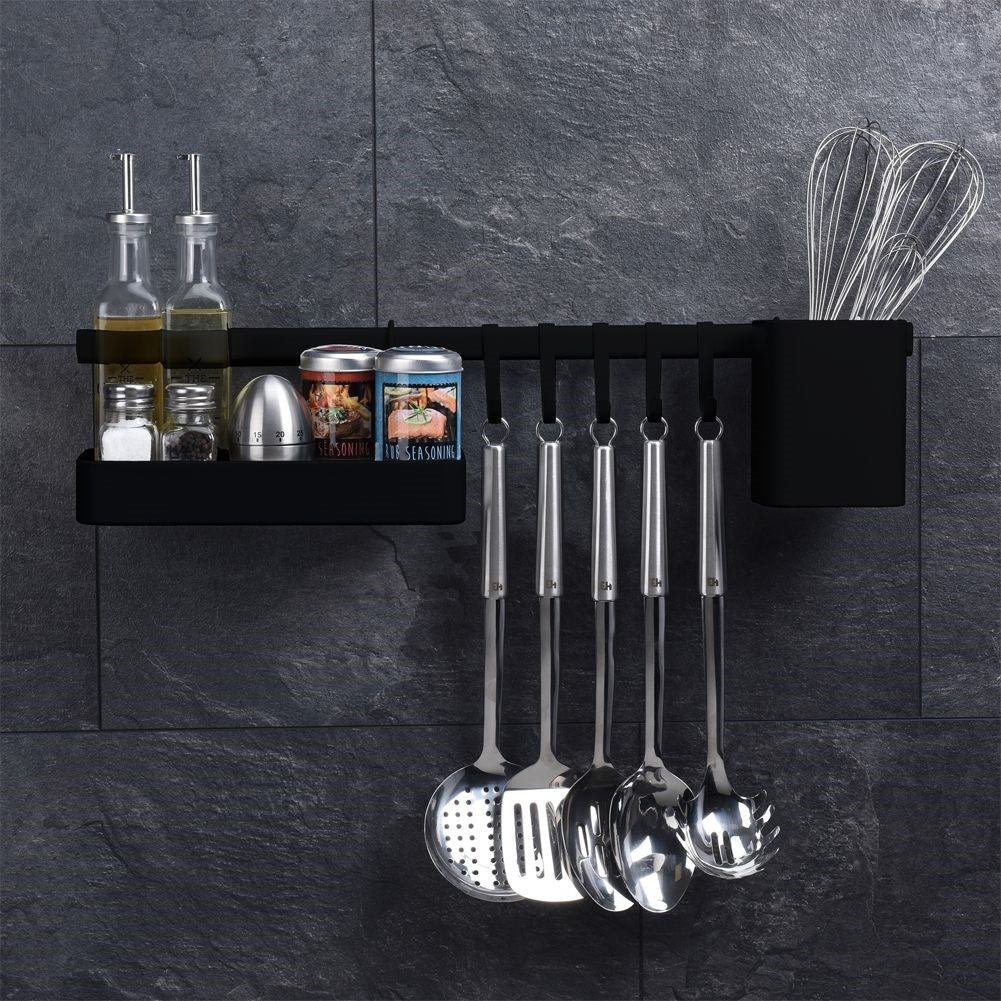 Black metal bar with hooks, shelf and basket for the kitchen