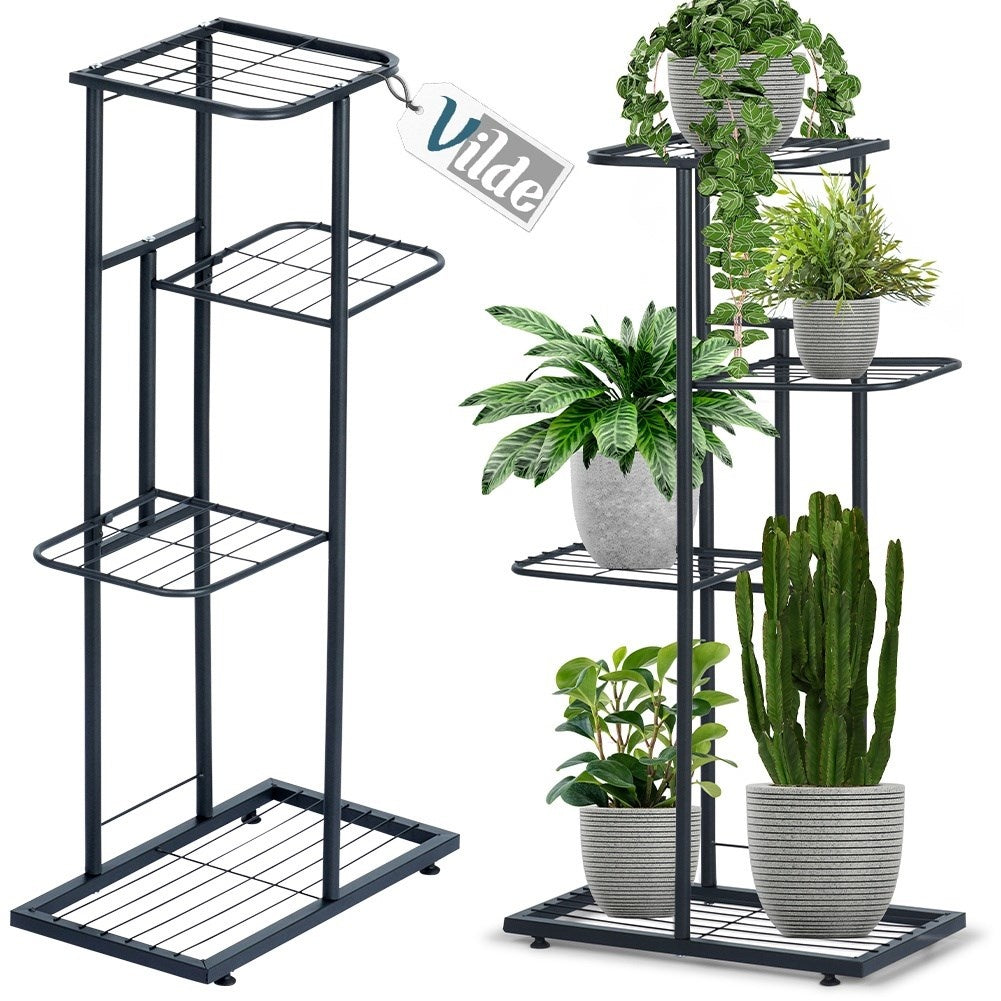 Black metal flower stand with four levels for indoor use