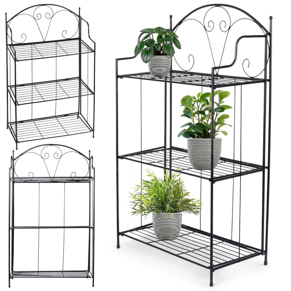 Black metal flower stand with three levels for pots