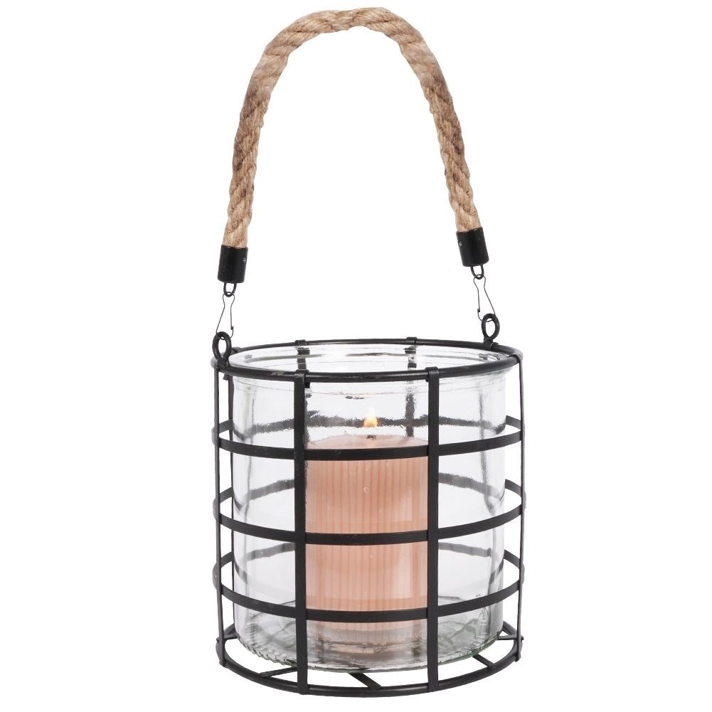 Black metal lantern with glass for home, balcony or terrace