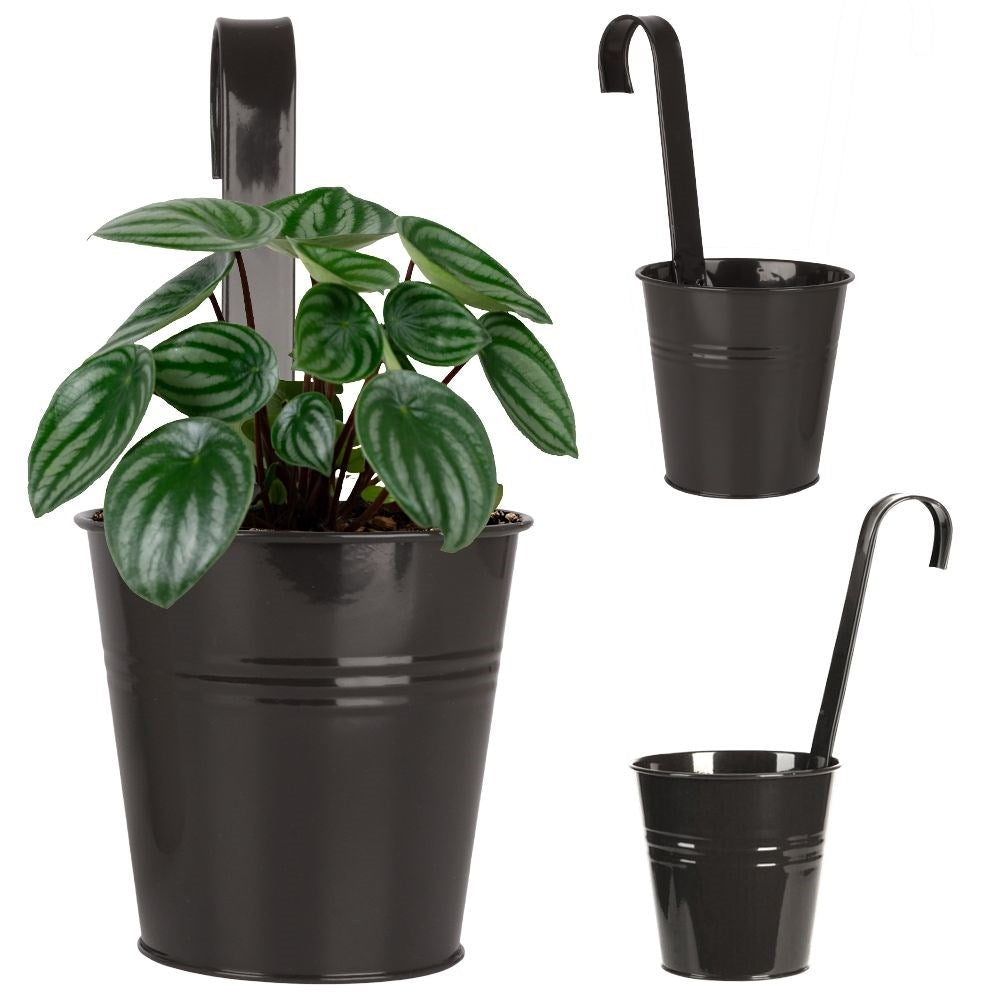 Black metal pot with hanging handle for balcony