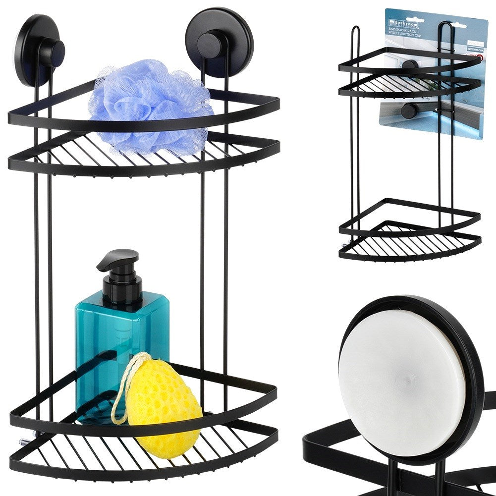 Black metal shower shelf with suction cups, corner, 2-level, 24x18x38 cm