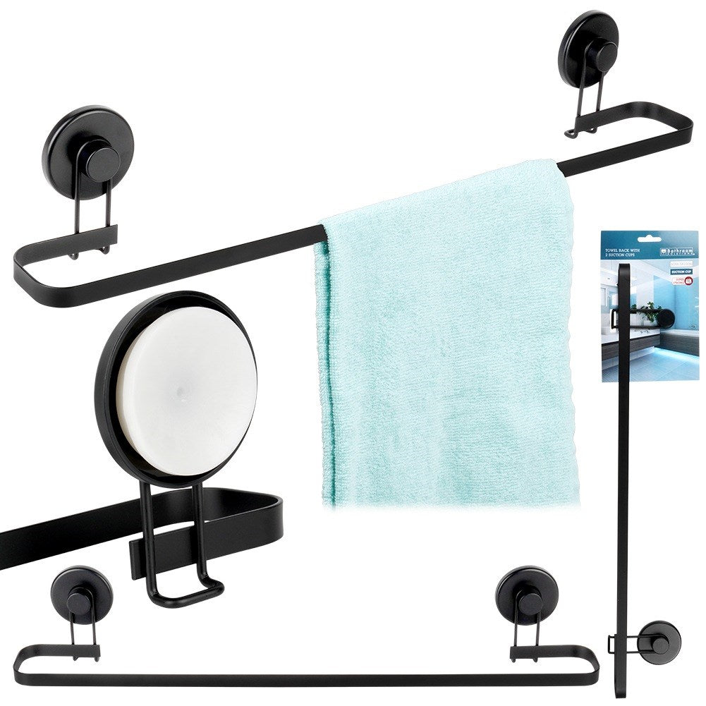 Black metal towel rack with suction cups 60x8.5x11 cm