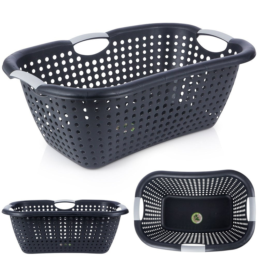 Black perforated laundry basket in light and durable plastic