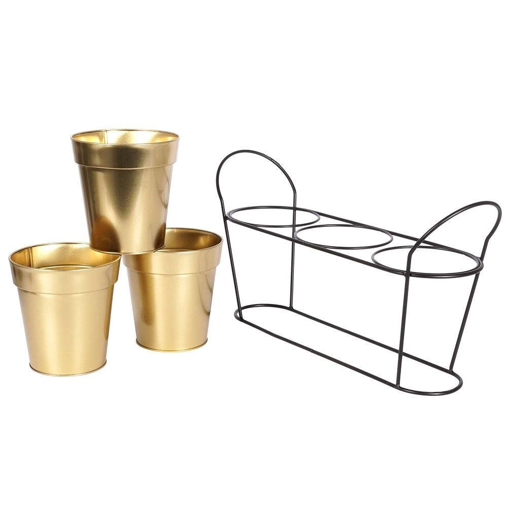 Black pot stand for three plants with gold colored pots