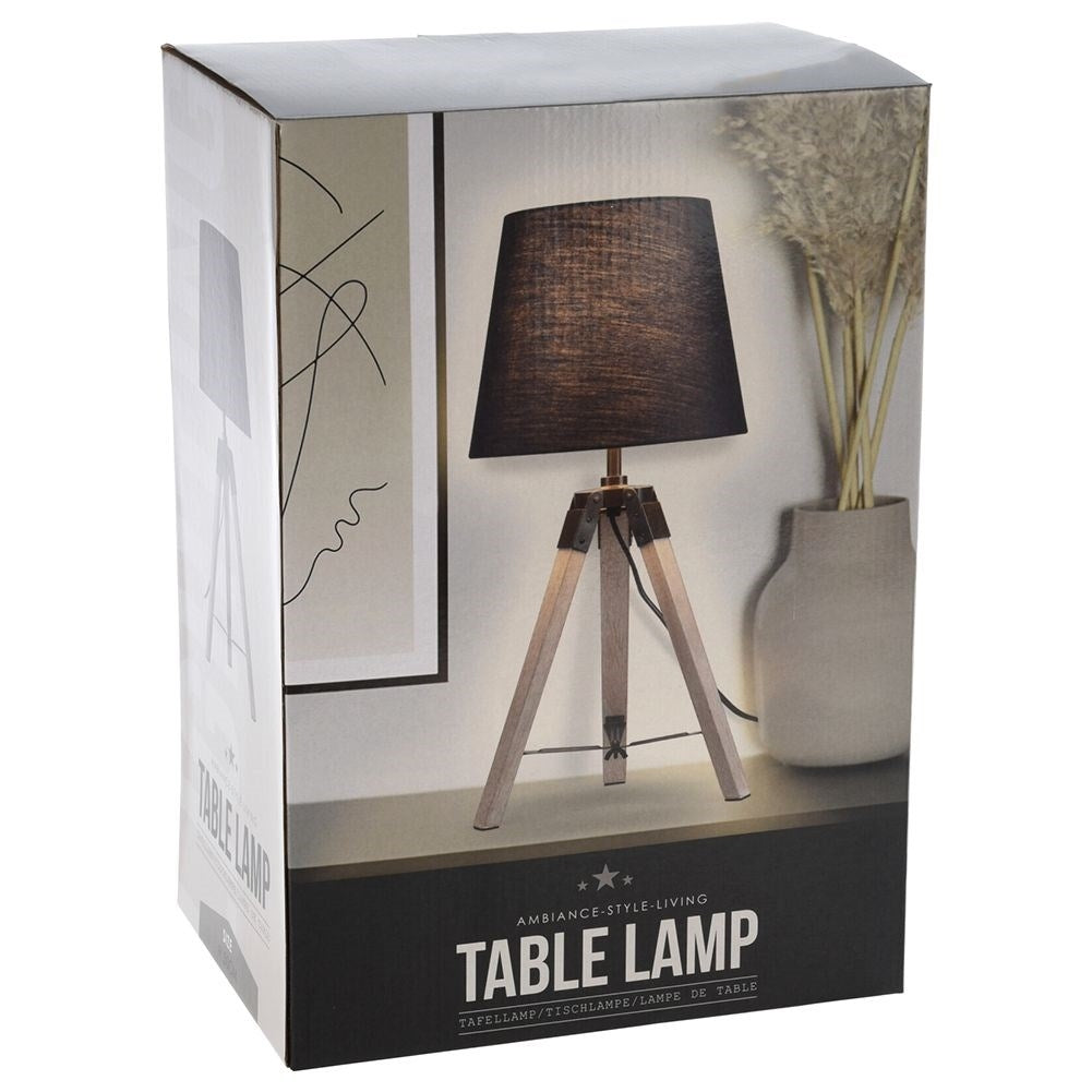 Black table lamp with shade and wooden legs for home and office