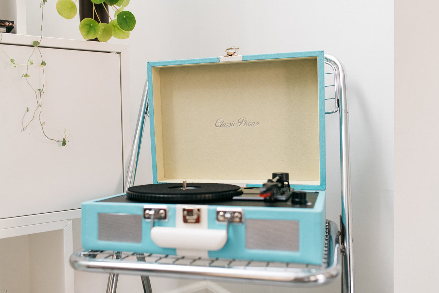 Bluetooth Record Player with Speakers, 3 Speeds, Blue/White