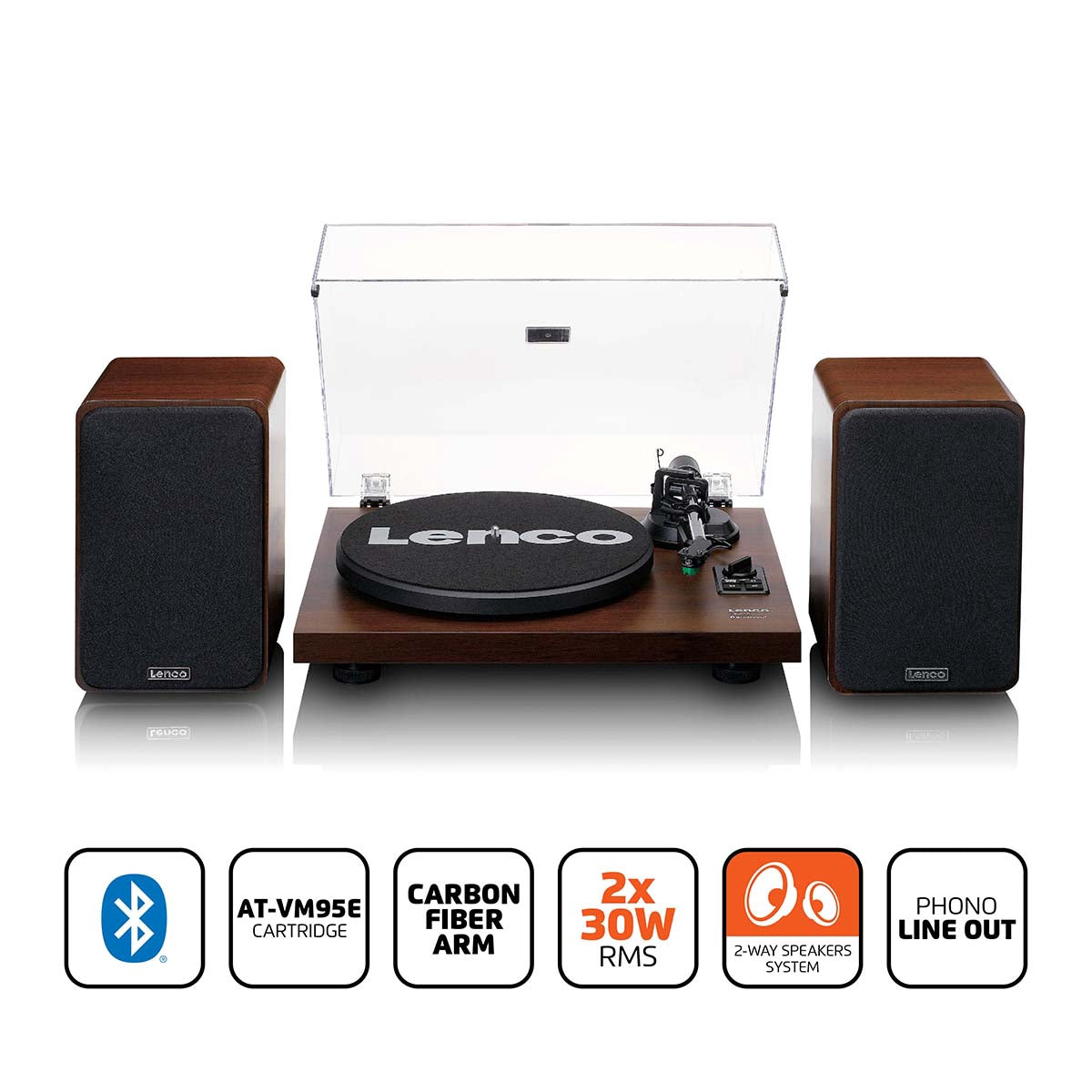 Bluetooth Turntable with Built-In Amp & 2x30W Speakers