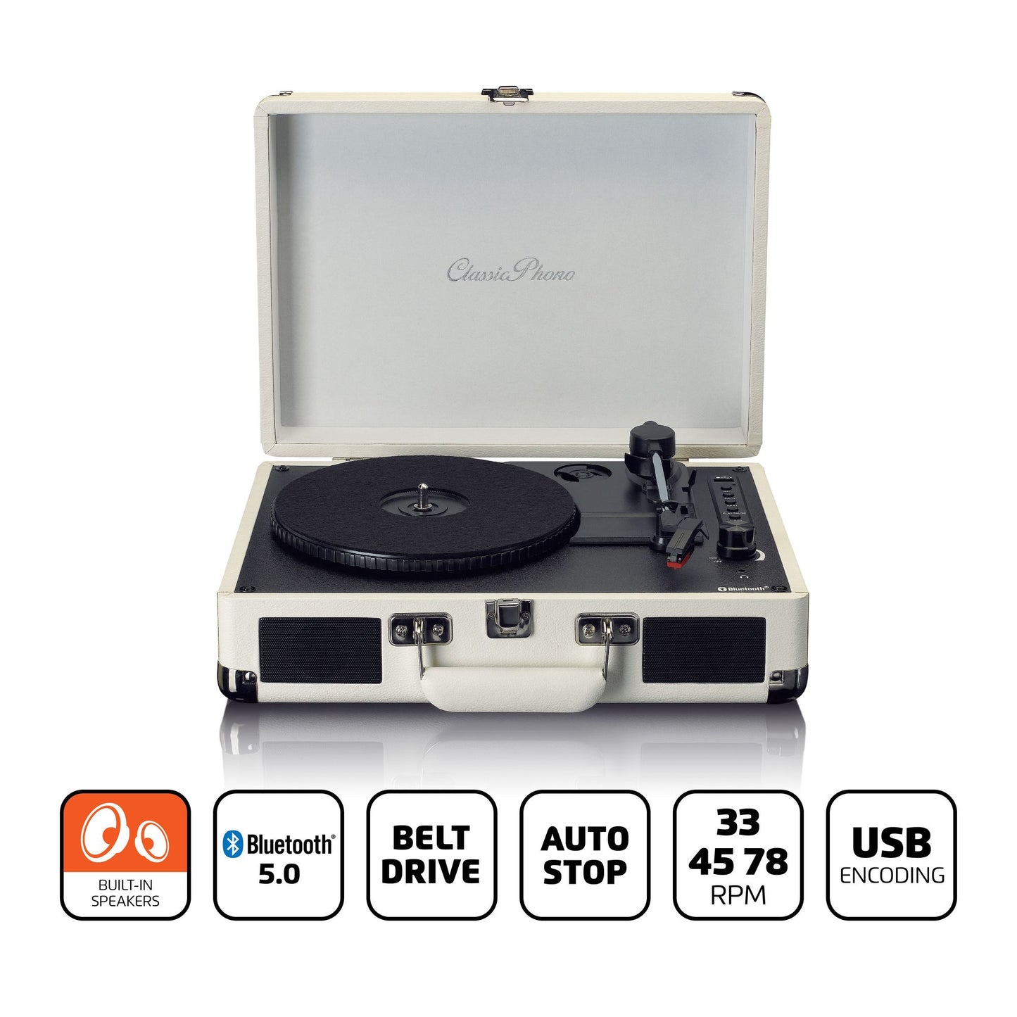 Bluetooth Turntable with Speakers, USB Recording, Cream