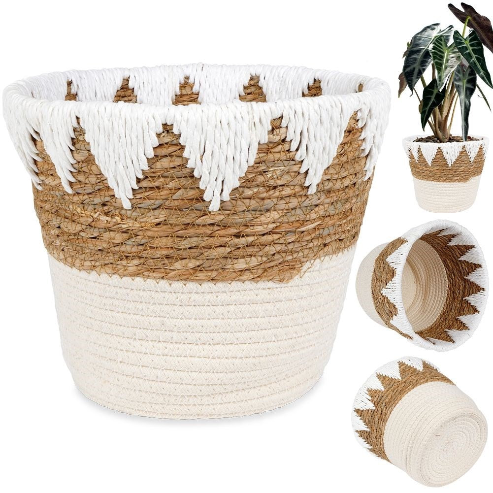 Boho pot in woven basket, cotton and paper