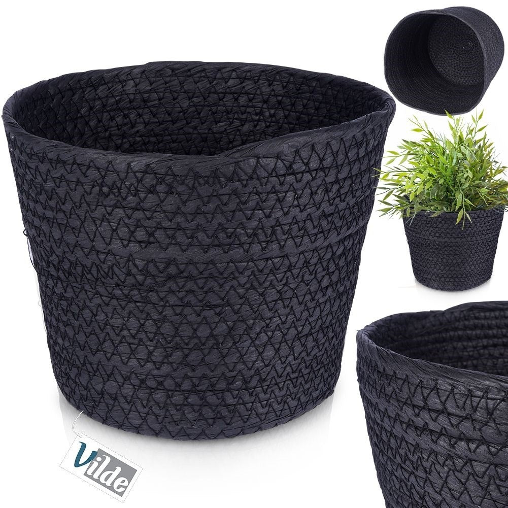Boho-style black bin for pots and small things