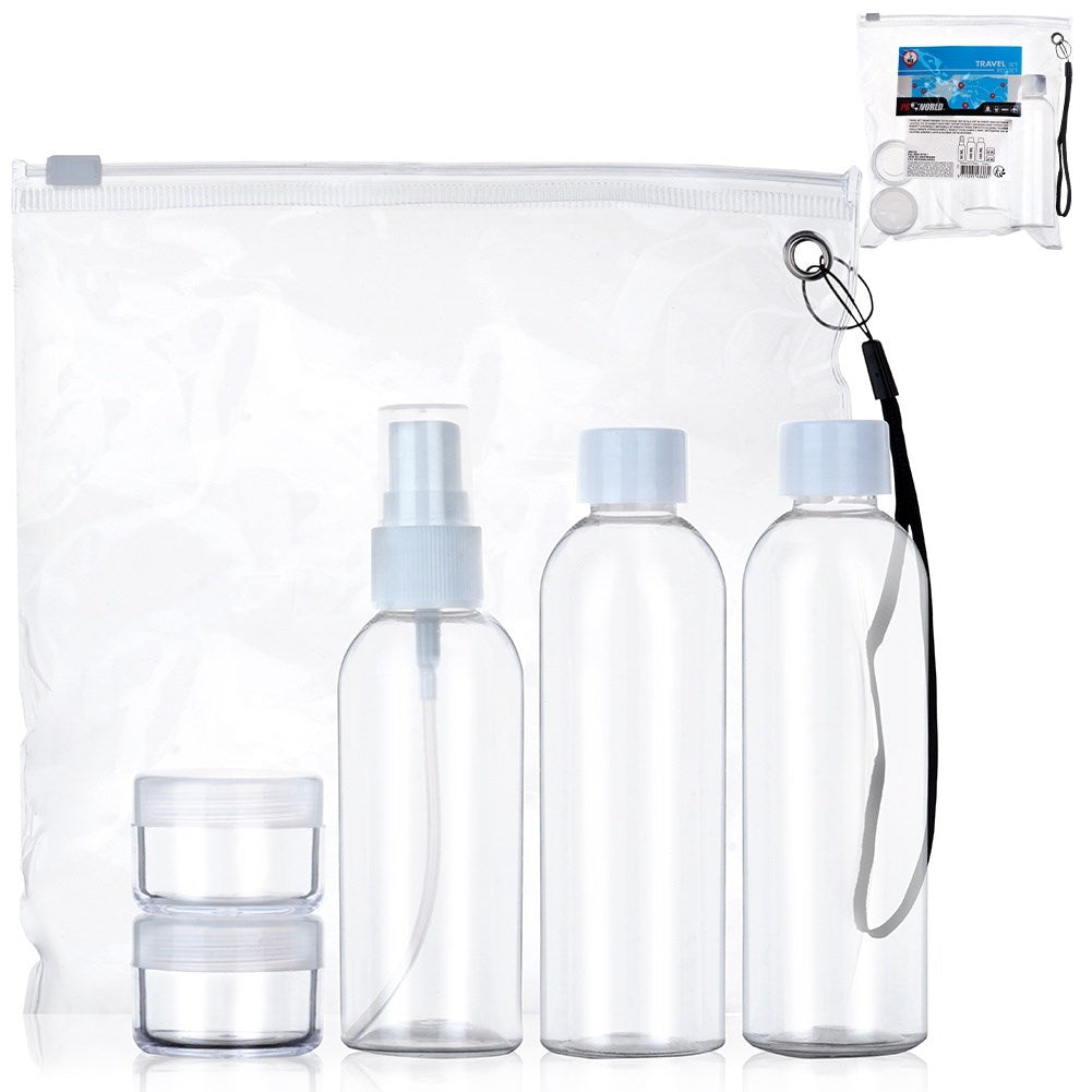 Bottles travel containers for cosmetics for the plane with a 5-piece cosmetics bag