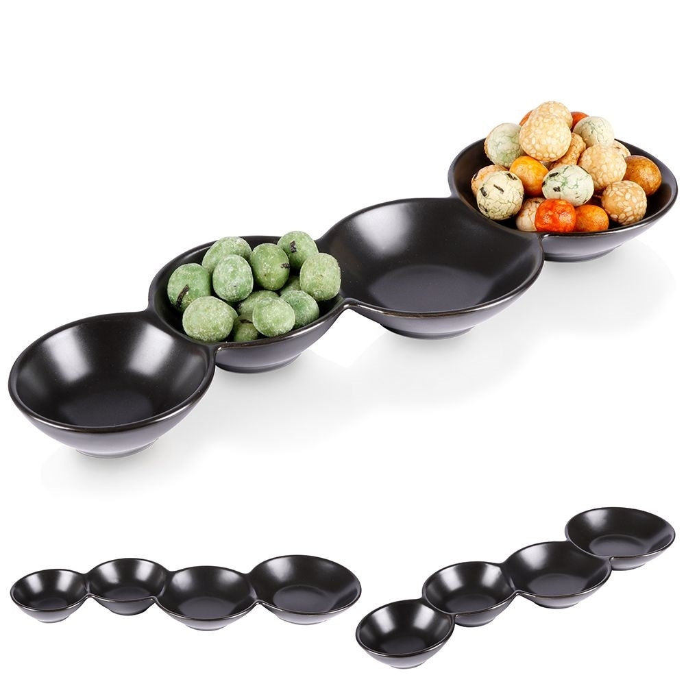 Bowl for snacks in black porcelain, 4-piece for dipping sauces