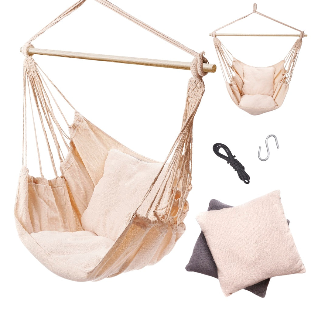 Brazilian hammock chair with cushions ecru wooden headband