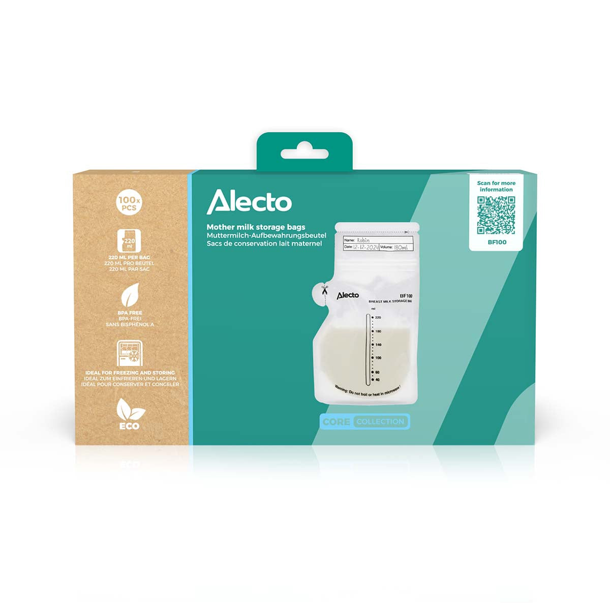 Breast Milk Storage Bags, 220ml, 100 Pack, Leak-Proof
