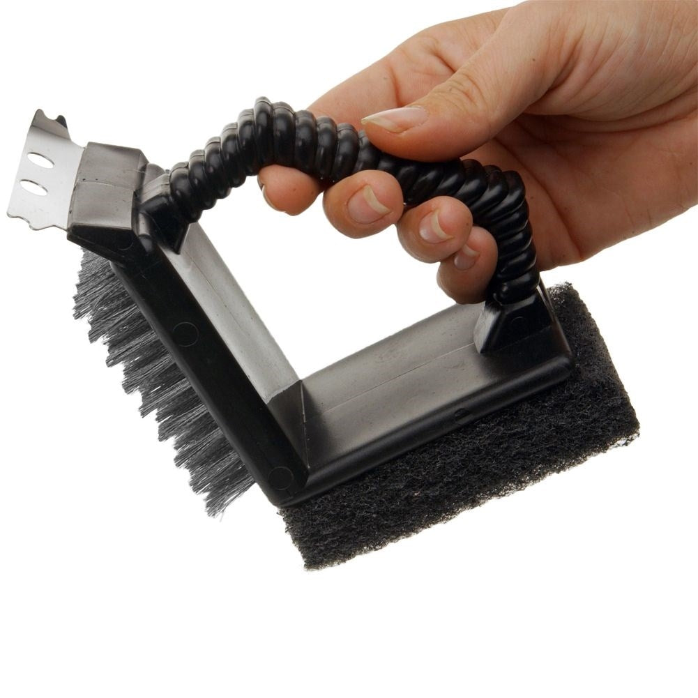 Brush with two surfaces, scraper and short handle for tough dirt