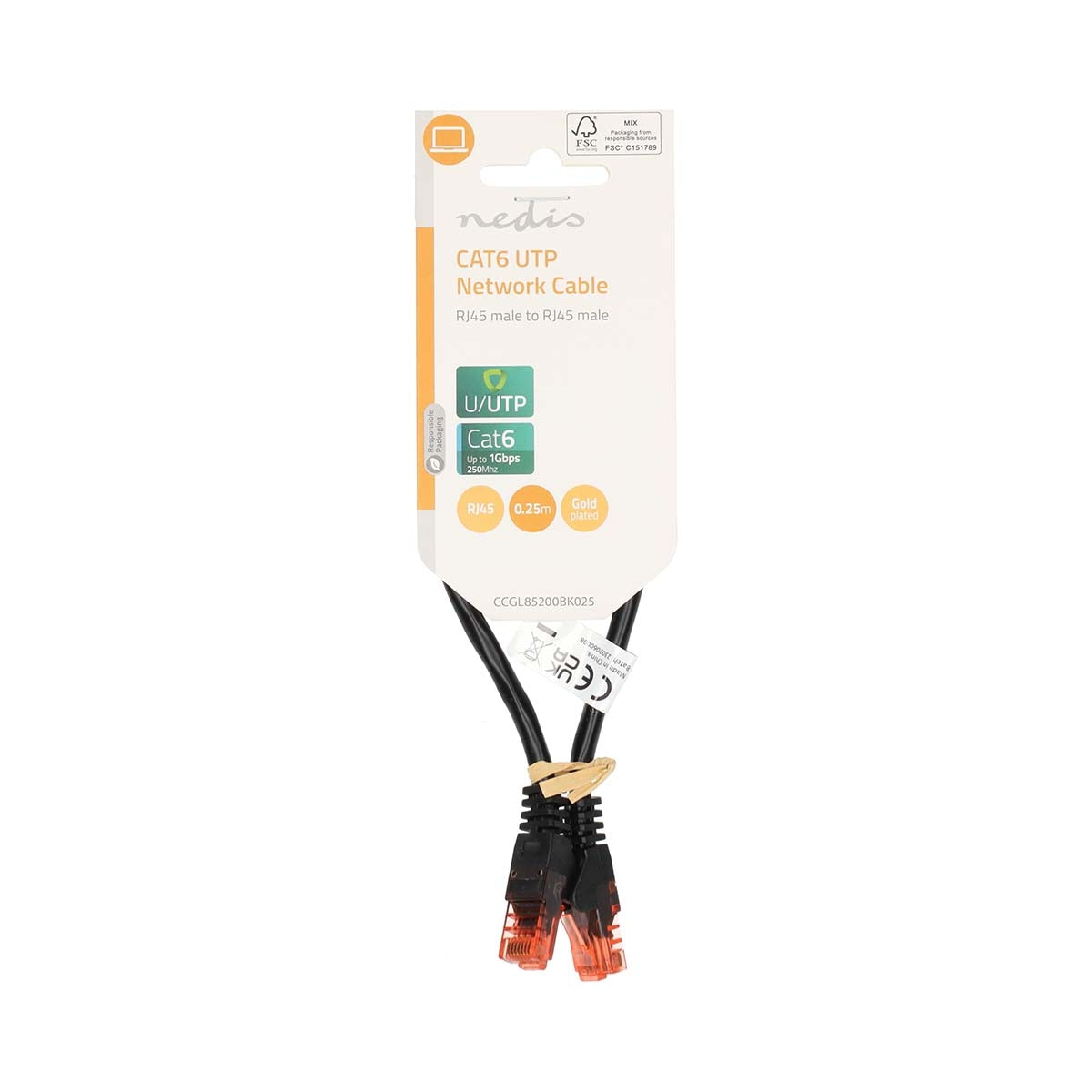 CAT6 Network Cable | RJ45 male | RJ45 male | U/UTP | 0.25 m | Round | PVC | Black | Label