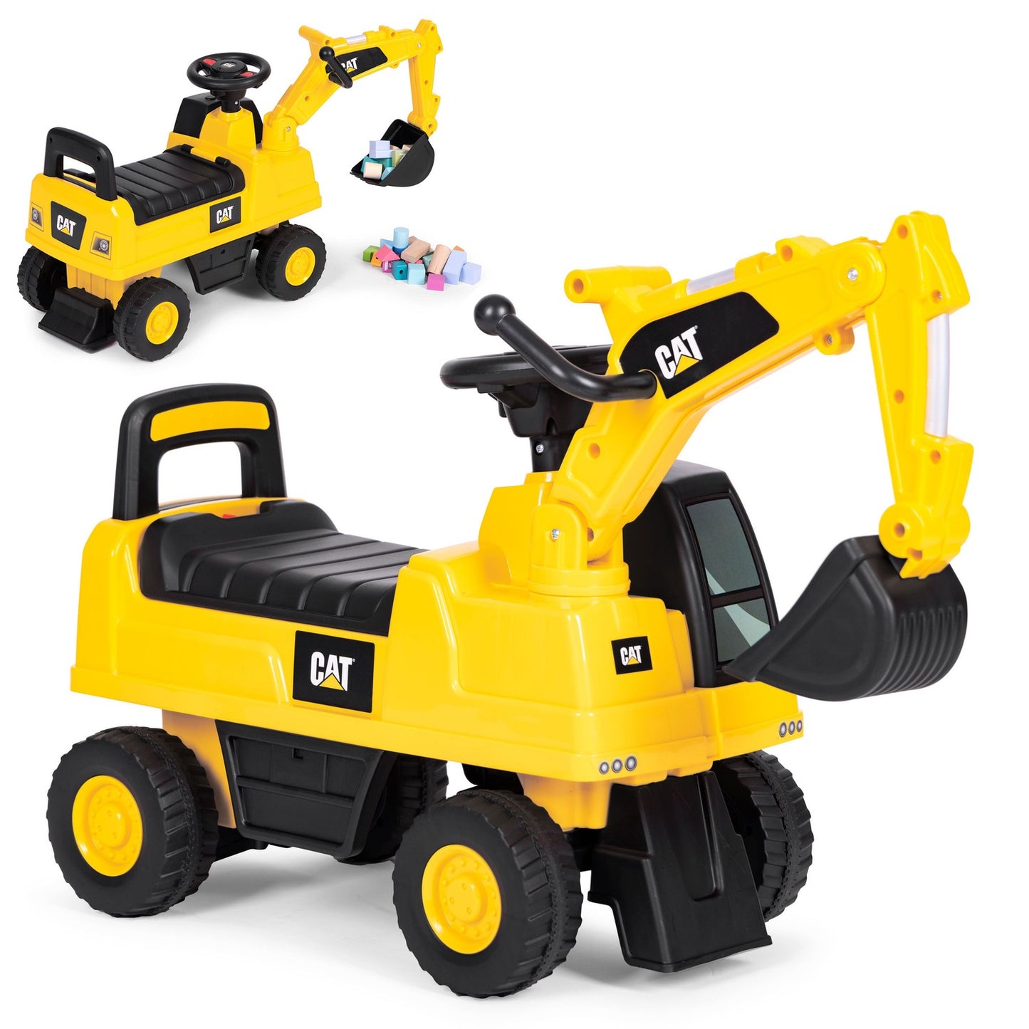 CAT excavator ride-on for children, interactive steering wheel, sounds, license - yellow