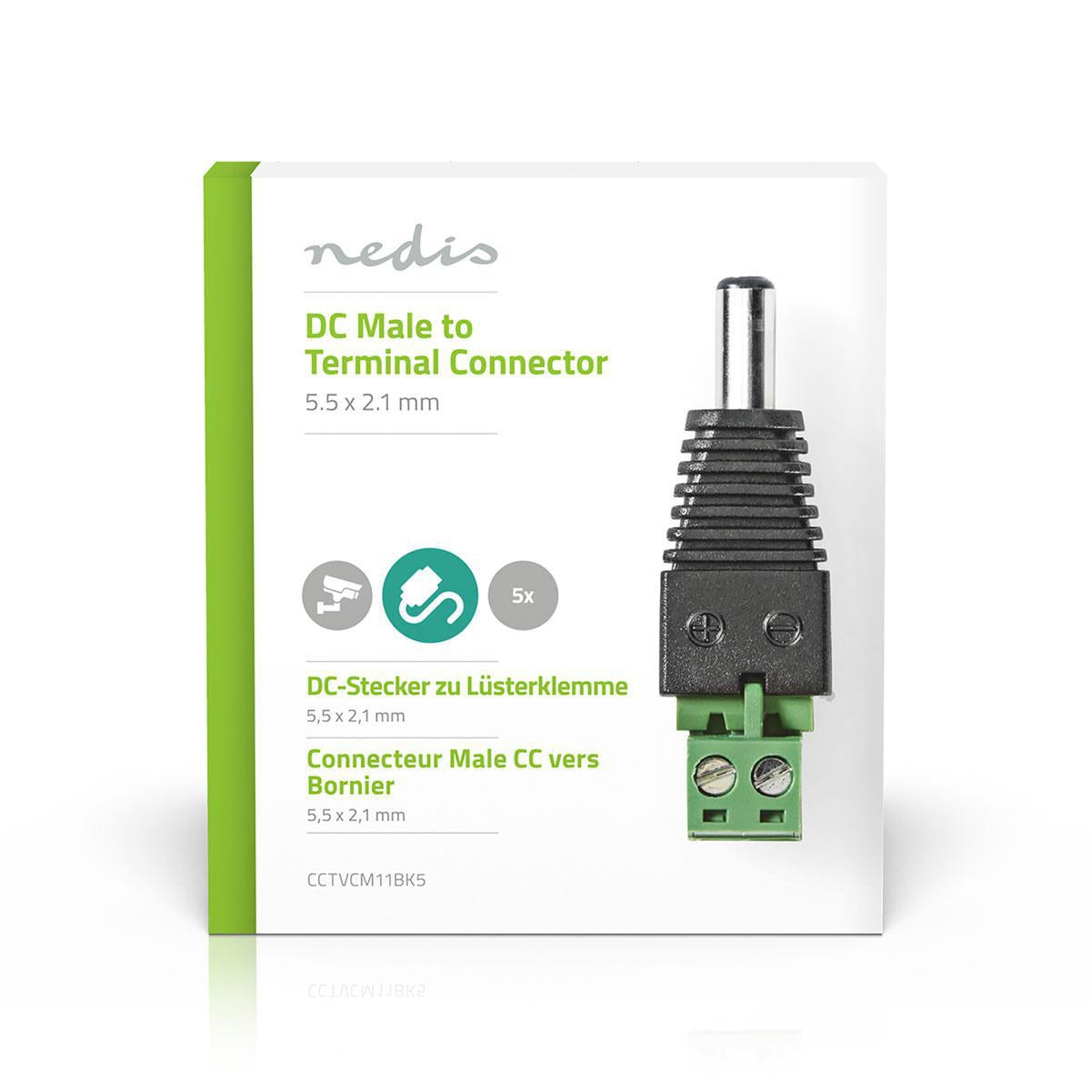 CCTV Power Connection | 2-Way Terminal Block | 5.5 x 2.1 mm Male | Male | Green / Black