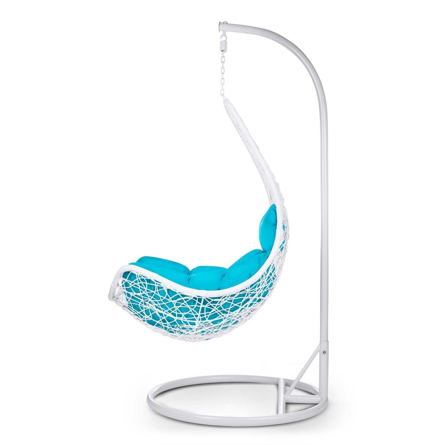 Cabana hanging rocking garden chair white + blue cushions