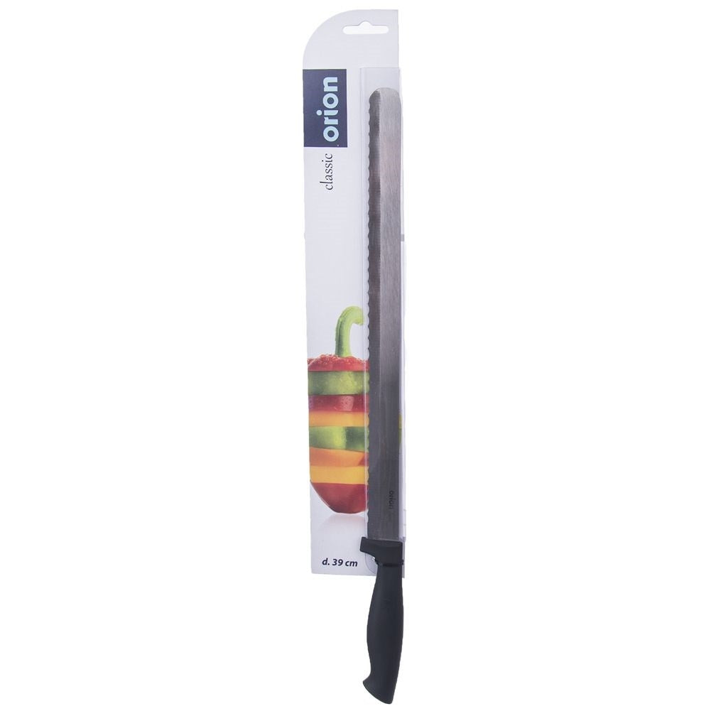 Cake knife with long serrated blade and ergonomic handle