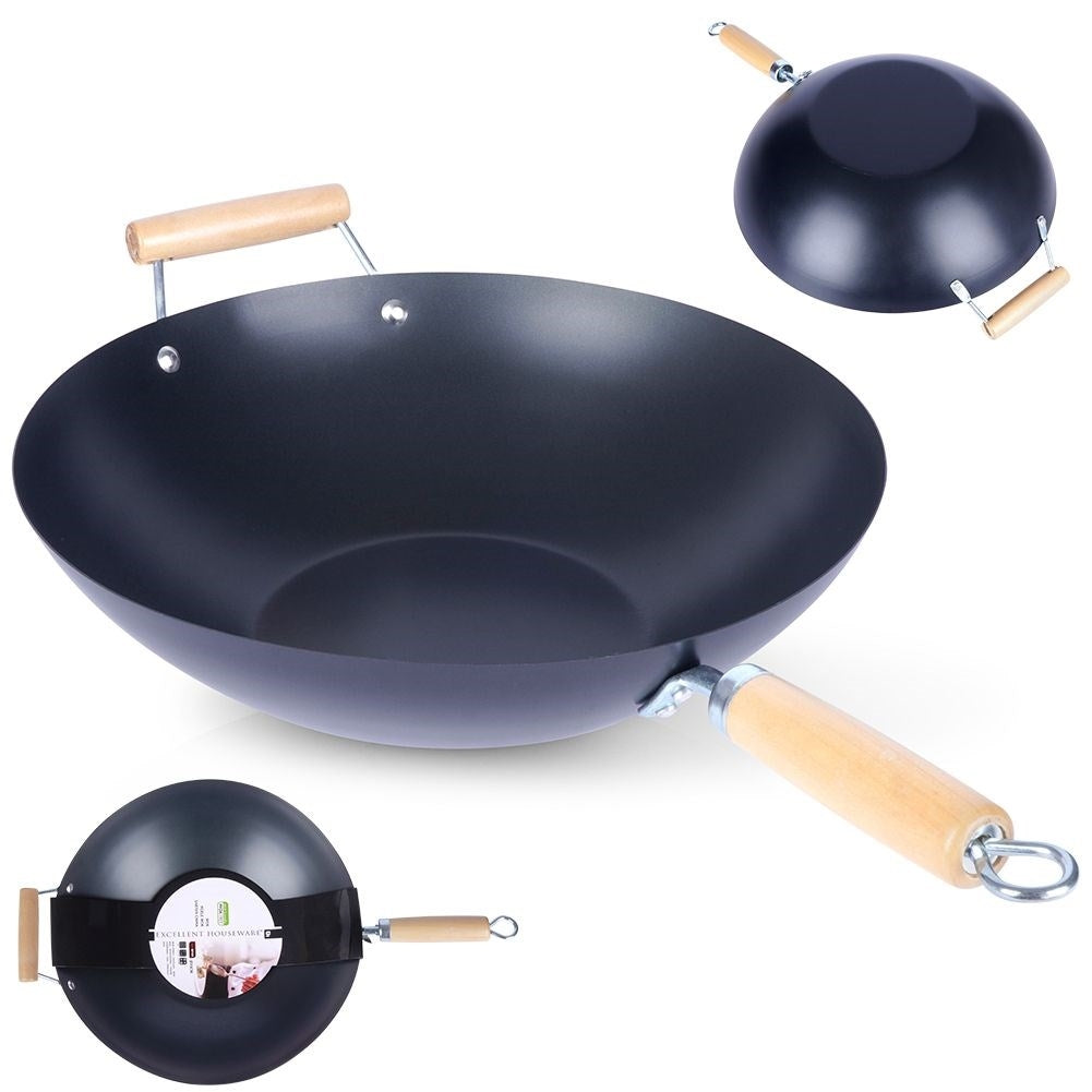 Carbon steel wok with non-stick and wooden handle