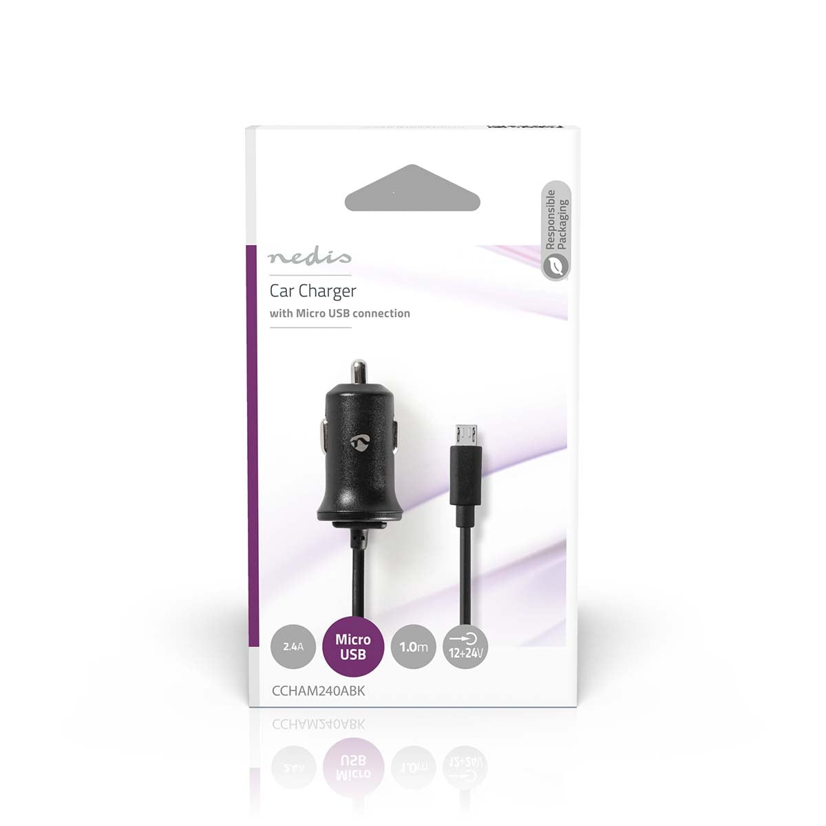 Car charger | 12 W| 1x 2.4 A| Number of outputs: 1 | Micro USB (Fixed) Cable | 1.00 m | Single Voltage Output