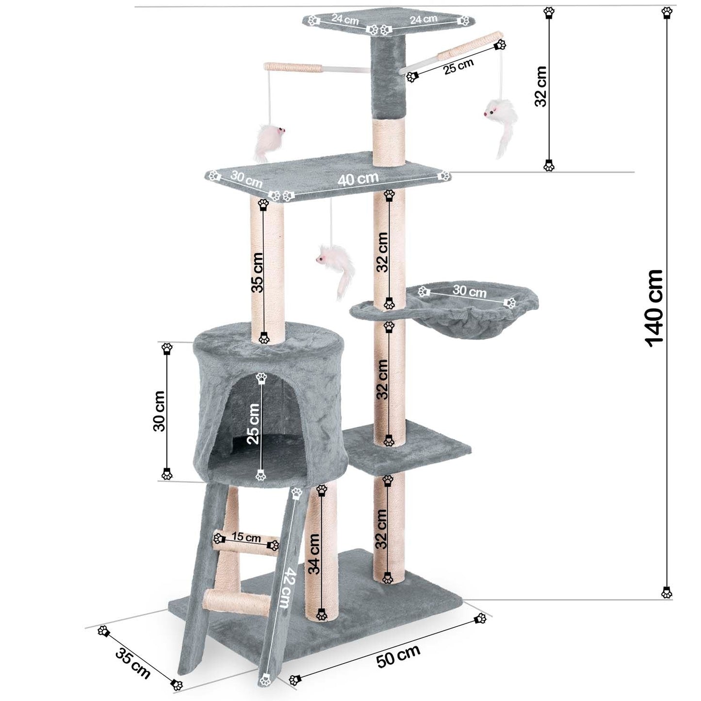 Cat scratching post 140 cm with mouse toy - Light gray DR-267 Pethaus