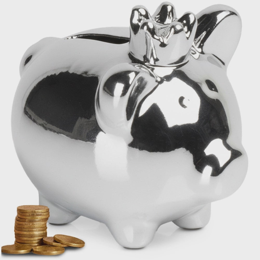 Ceramic Piggy Bank, Silver Mirror Finish, 9.5x7x8.5 cm
