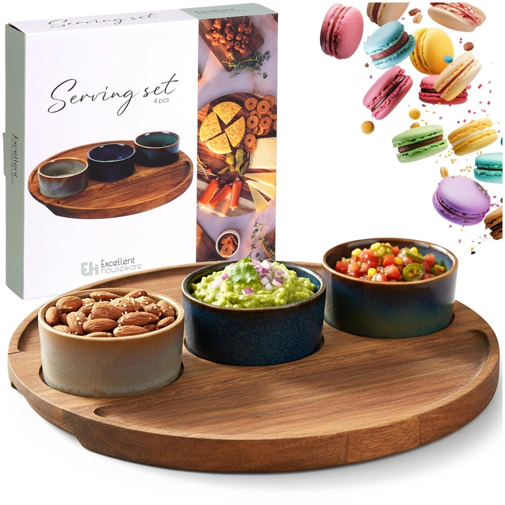 Ceramic Snack Bowls with Acacia Tray, 4-Piece Set
