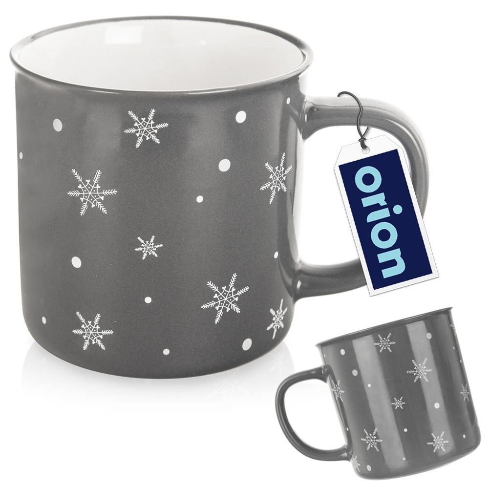 Ceramic mug in gray with snowflake motif, micro safe